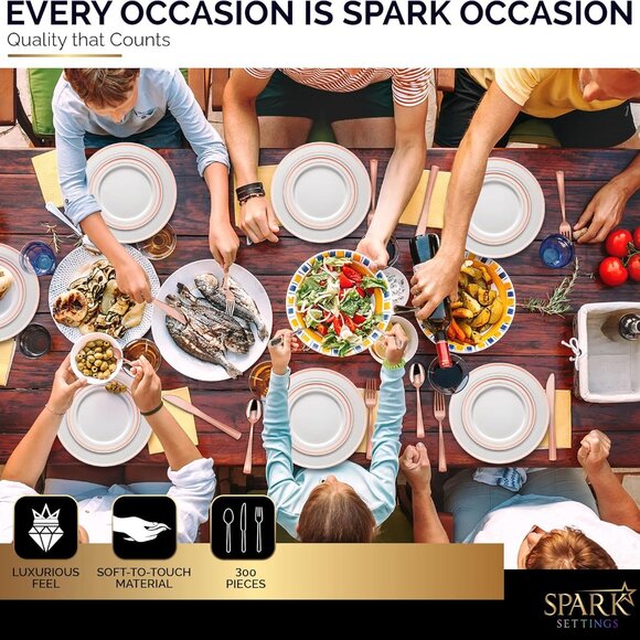 Heavy Duty Plastic Silverware Set - 300 Disposable Rose Gold Utensils 100 Forks, - Picture 7 of 7